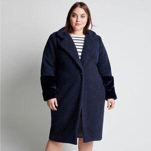 Hutch Navy Wool Elaina Teddy Coat Faux Fur Sleeve sz Medium